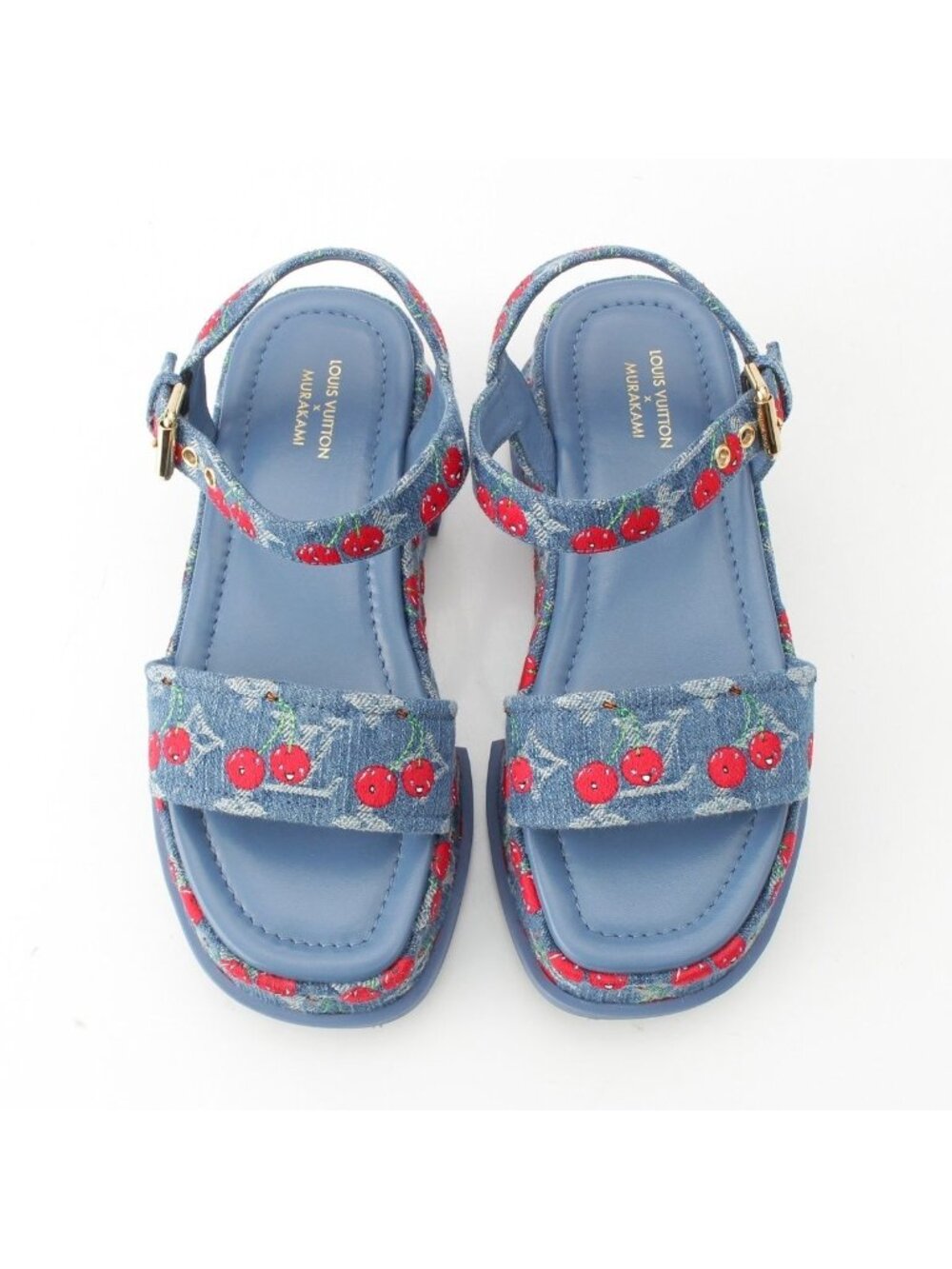 Louis Vuitton Denim Takashi Murakami Cherry Maya Platform Sandals Blue - Picture 2 of 10